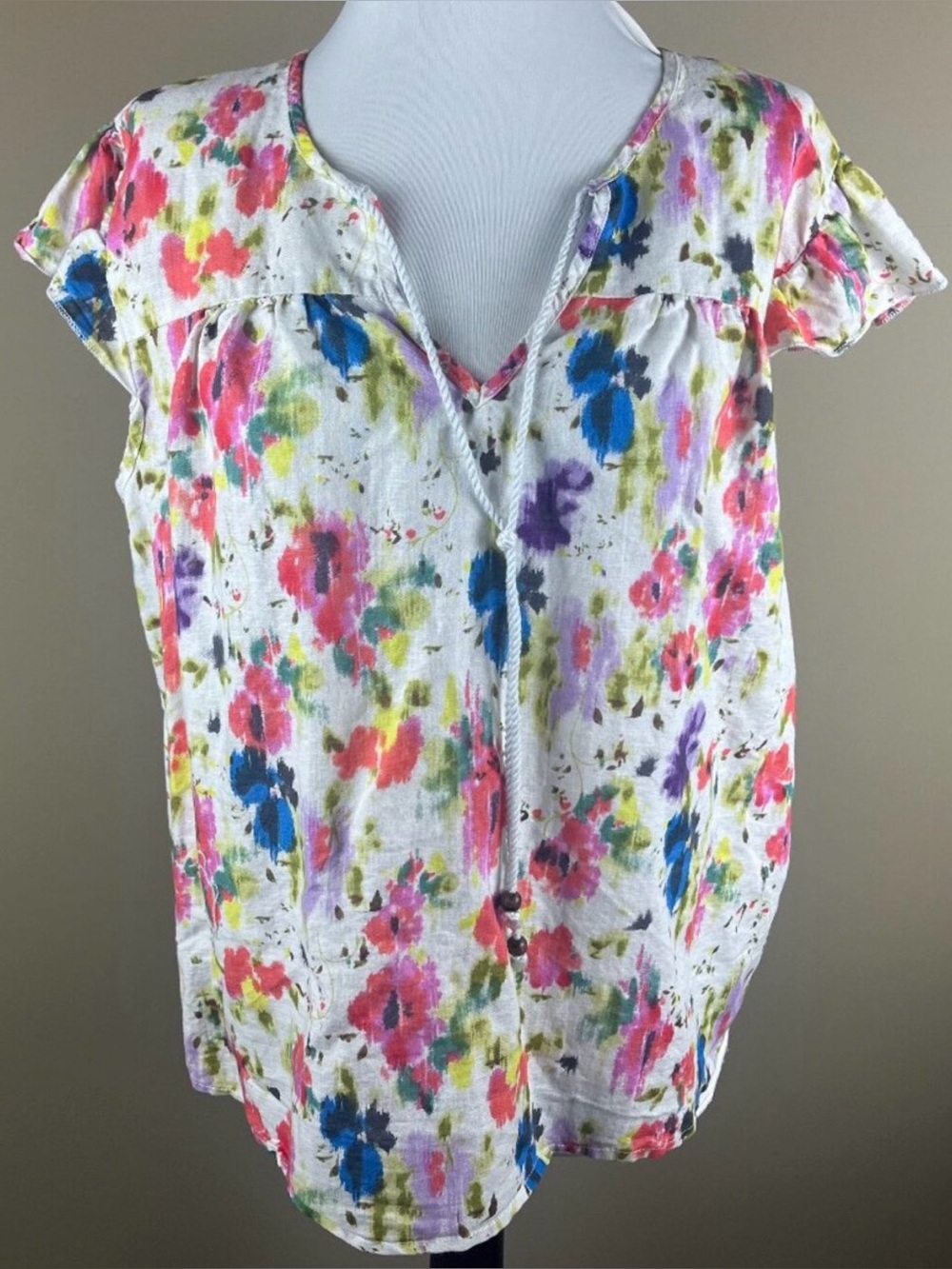 Hester & Orchard Women's Cap Sleeve Linen Blend Top Blouse Size XL Pink Blue